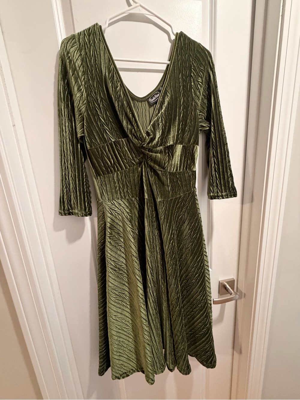 Voodoo Vixen Olive Green Velvet Twist-Waist Midi Dress